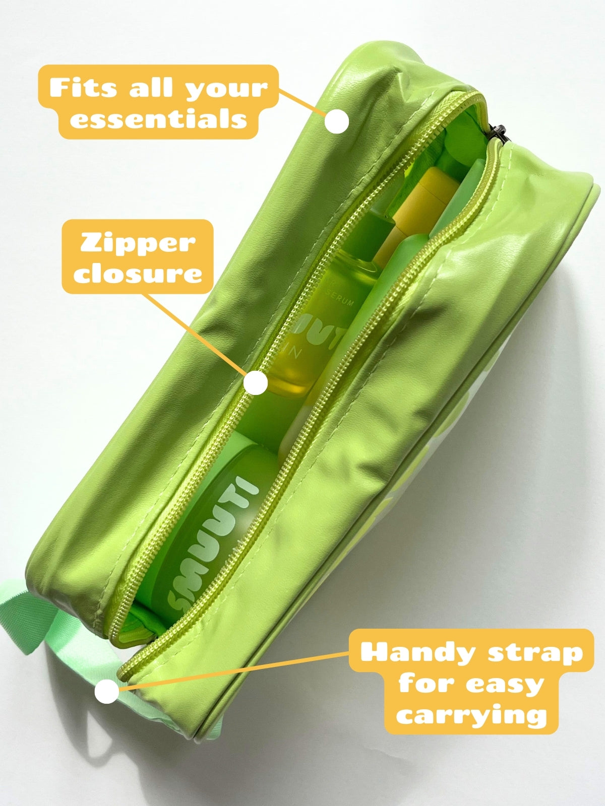 Green pouch with features highlighted on a white background