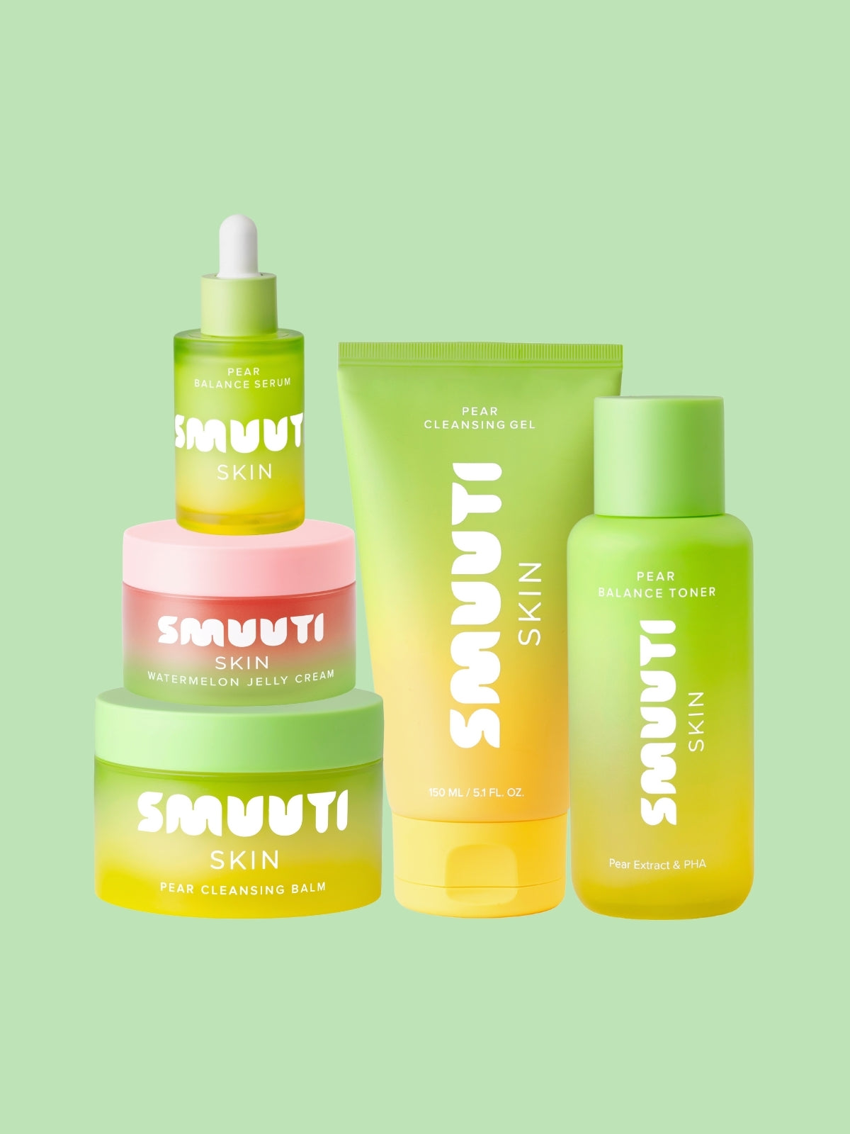 Set of SMuUTI SKIN skincare products on a light green background
