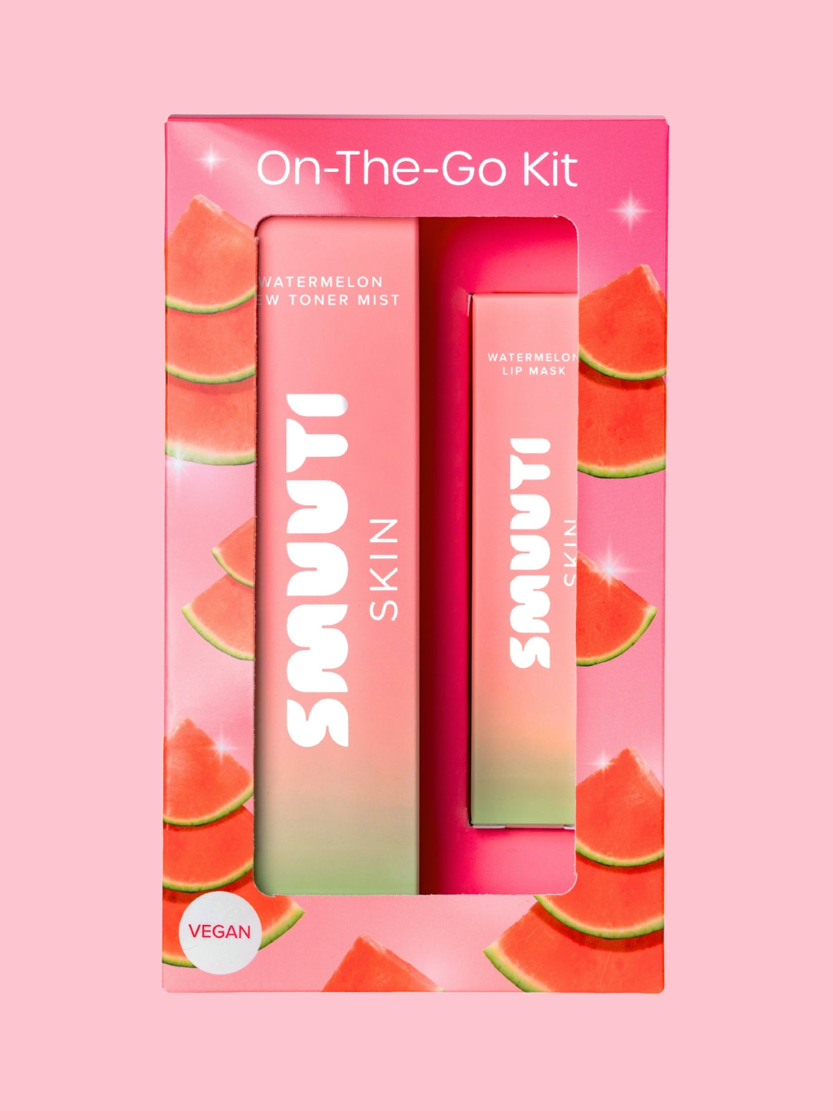SMUUTI Skin On-The-Go Kit with watermelon-themed packaging on a pink background