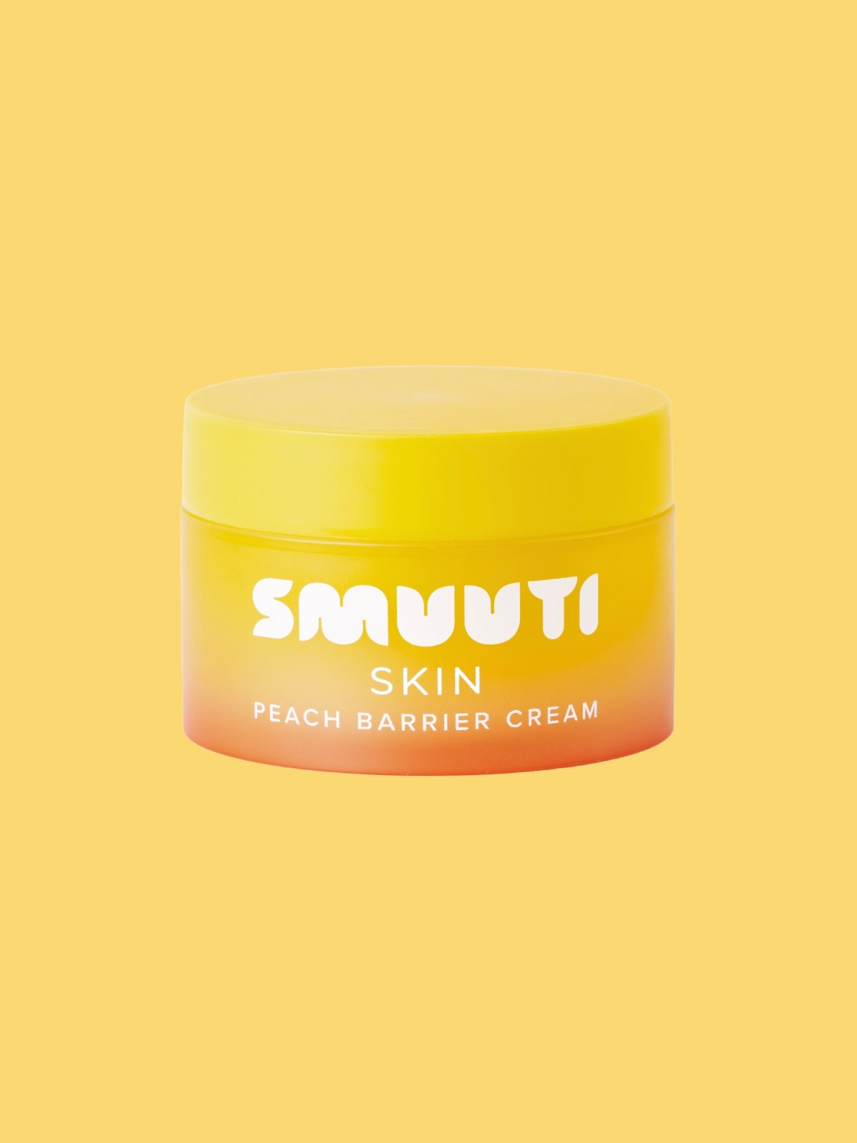 Jar of SMUUTI Skin Peach Barrier Cream on a yellow background