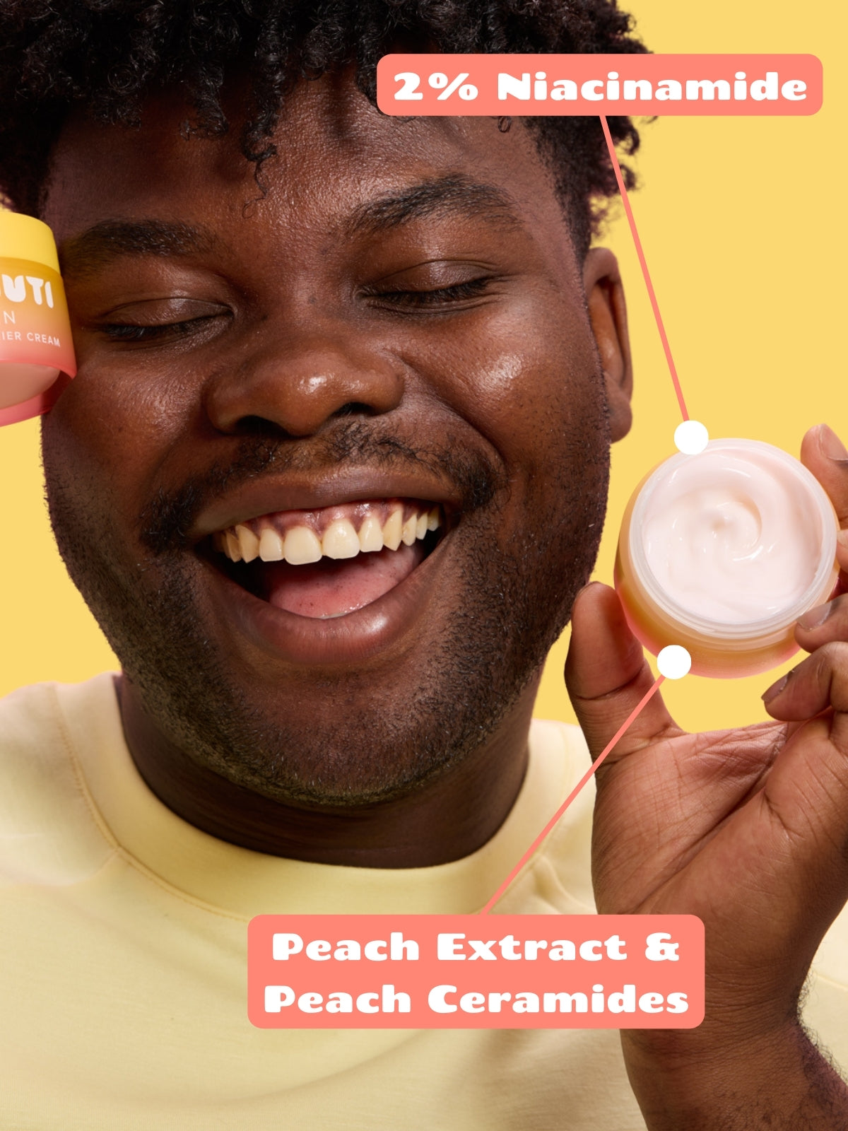Man applying Smuuti Skin peach barrier cream to face with text '2% Niacinamide, Peach Extract & Peach Ceramides' on a yellow background.