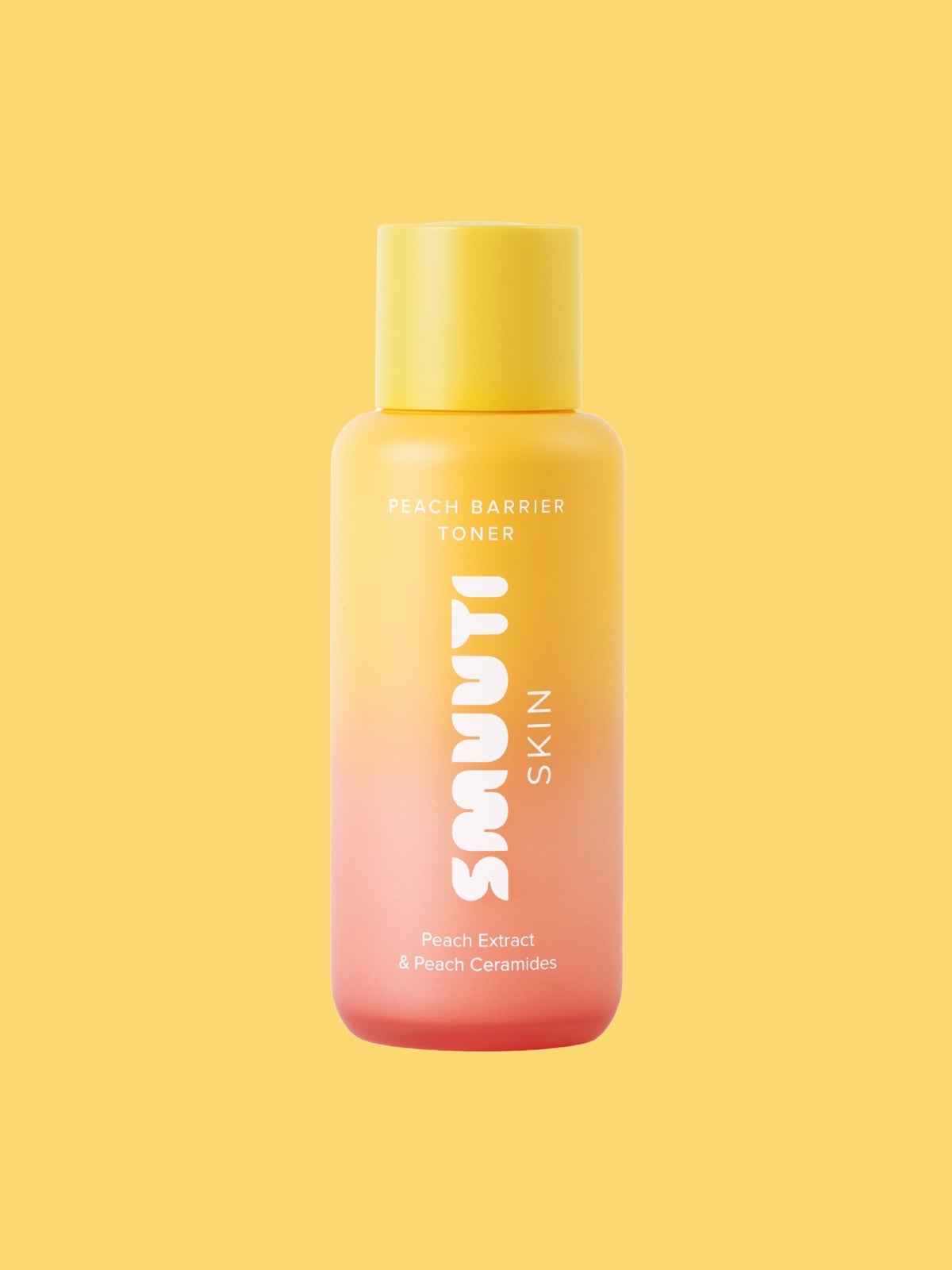 Smuuti Skin peach barrier toner on a yellow background