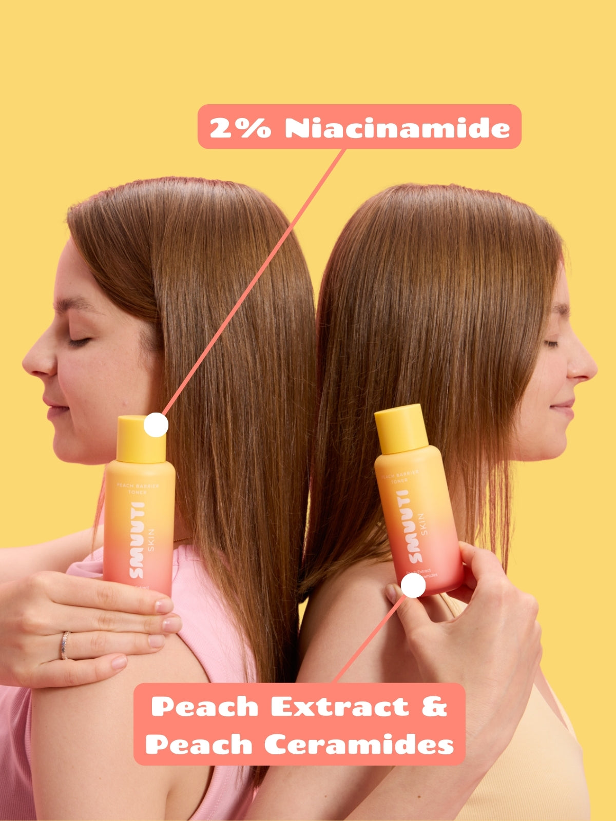 Two women holding Smuuti Skin pear balance toners with text highlighting ingredients on a yellow background