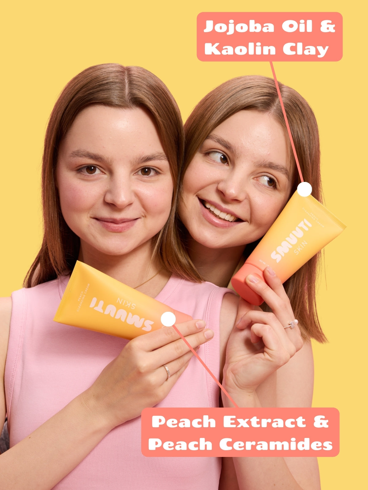 Two women holding Smuuti Skin peach cleansing cream with text about ingredients on a yellow background