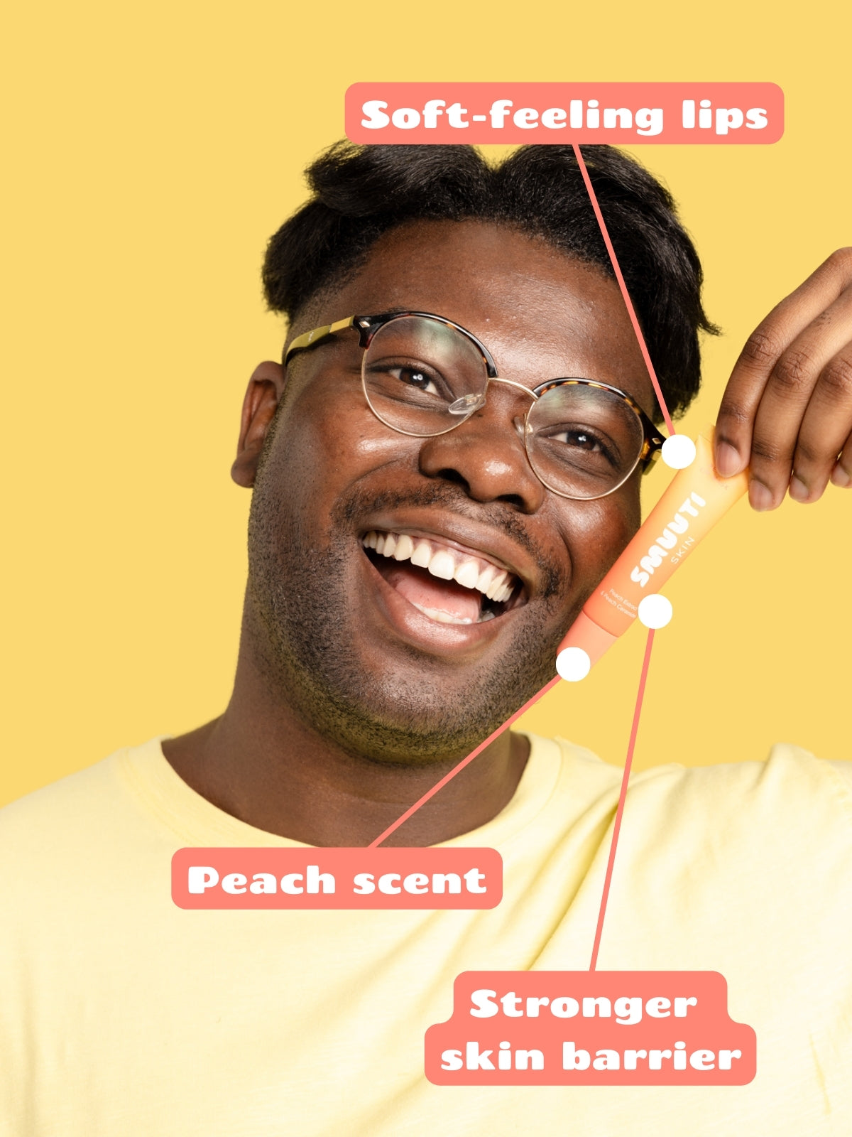 Man wearing glasses with Smuuti Skin peach lip mask product features highlighted on a yellow background