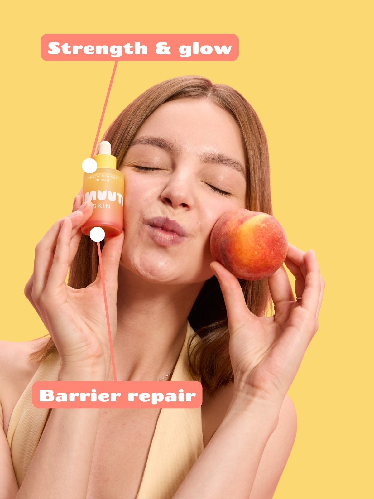 person holding a peach and Smuuti Skin peach barrier serum with the text
