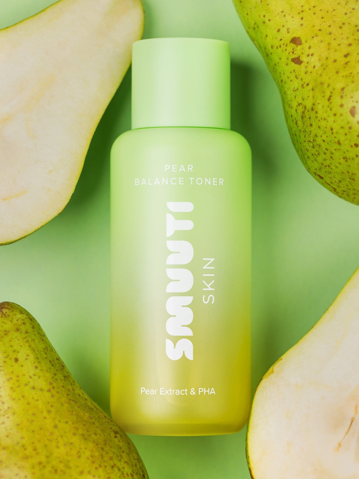 Smuuti Skin pear balance toner with pears on a green background