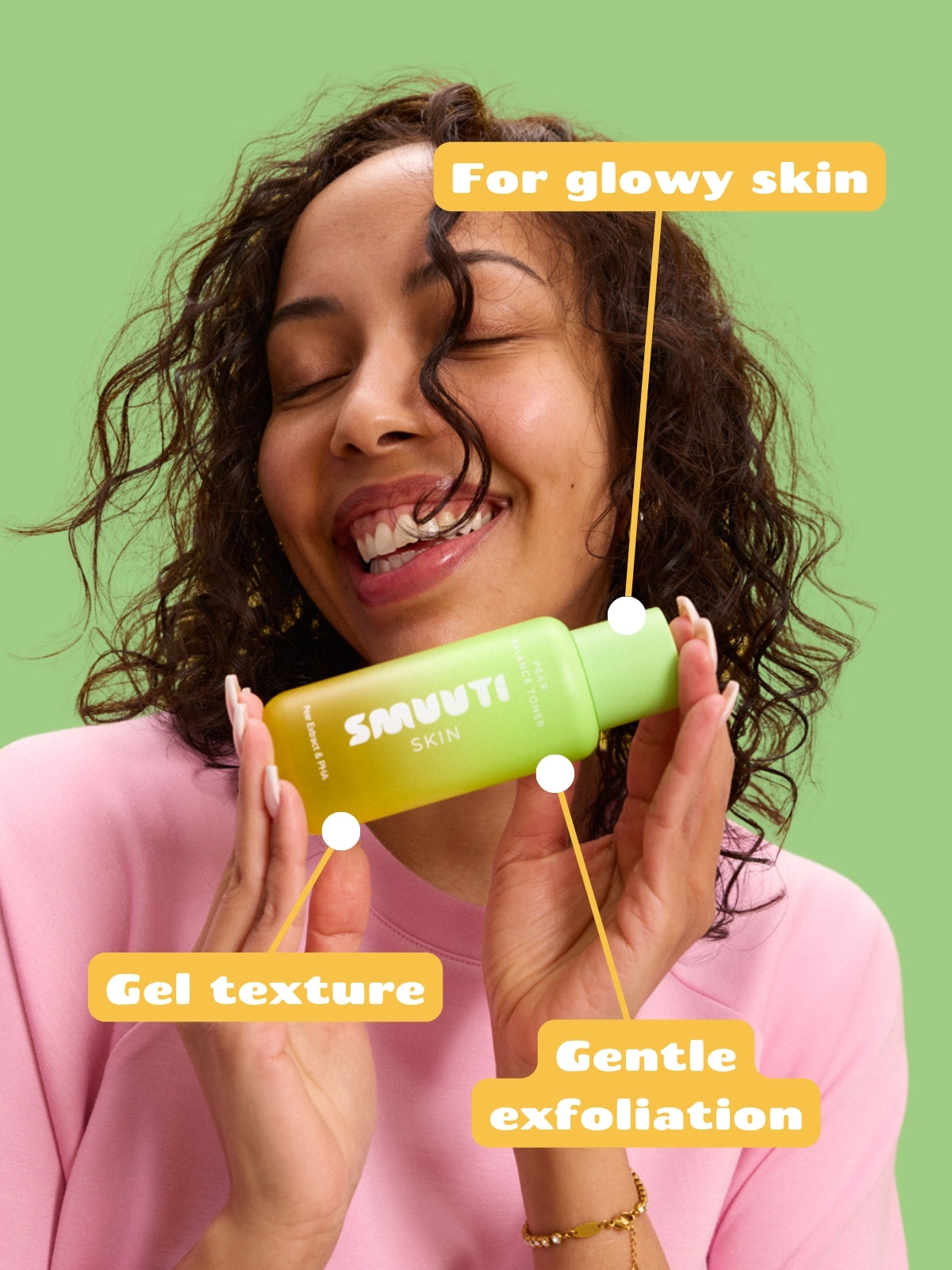 Woman holding Smuuti Skin pear balance toner with text on a green background