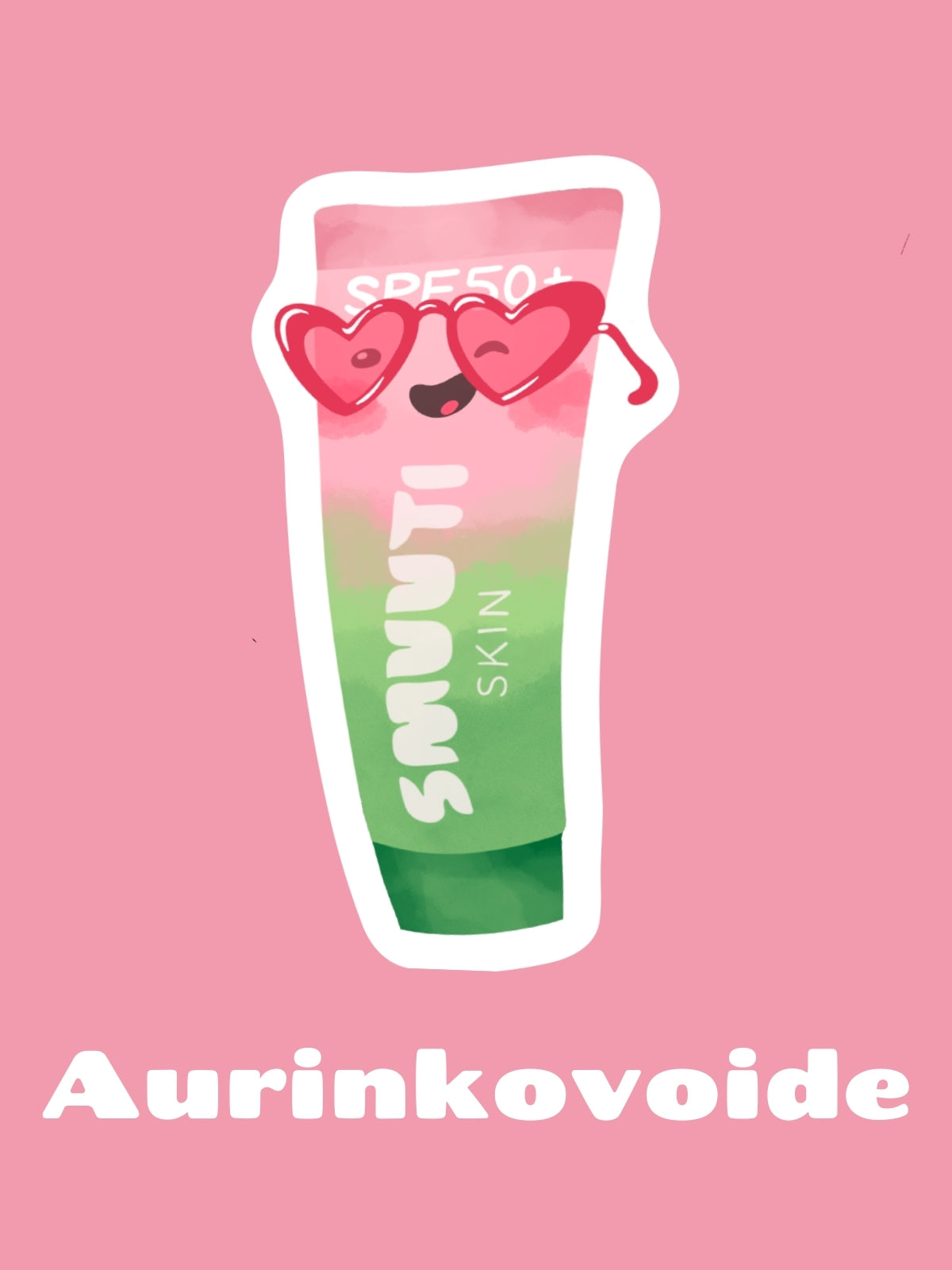 smuuti Skin sunscreen tube with cartoon face on a pink background, labeled 'Aurinkovoide'.
