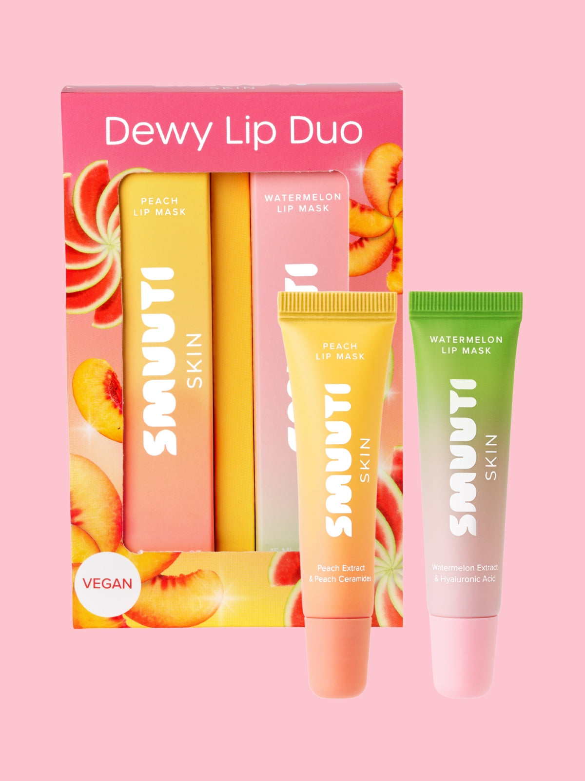 Smuuti Skin Dewy Lip Duo gift set on a pink background