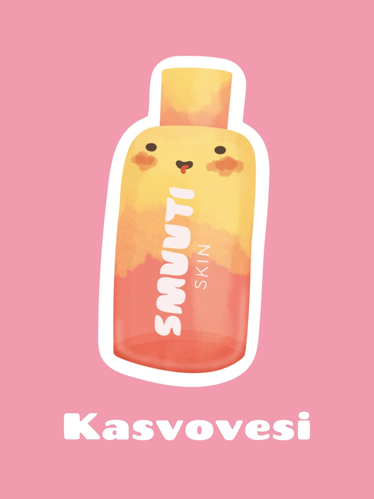 Cartoon bottle of Smuuti Skin peach barrier toner on a pink background with 'Kasvovesi' text.