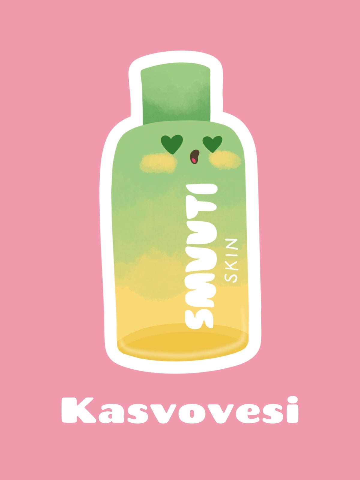 pear balance toner bottle with cartoon face on pink background