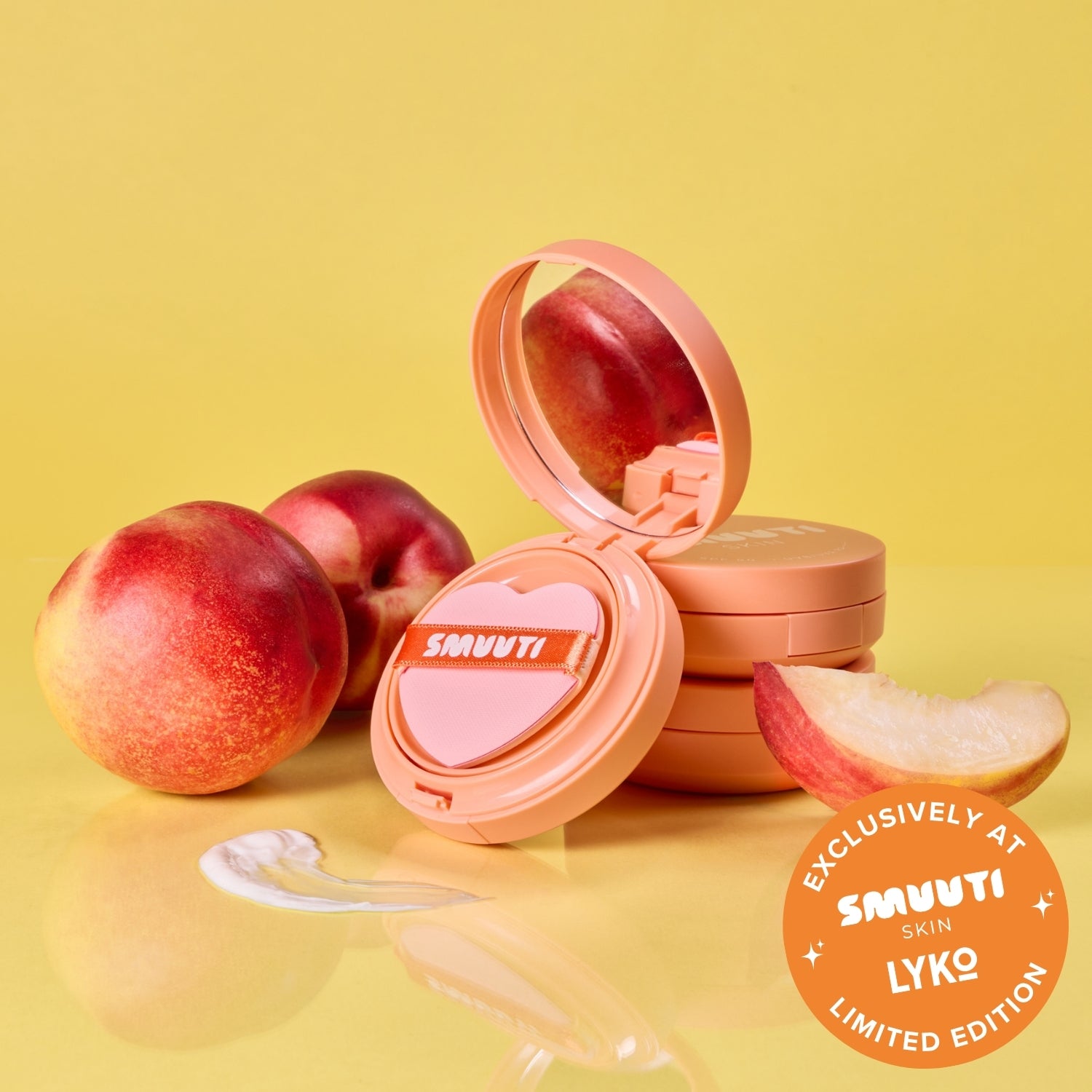 smuuti skin peach sun cushion with peaches on a yellow background