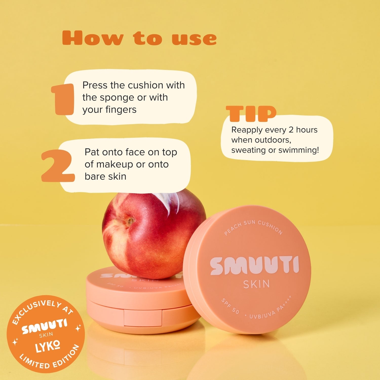 smuuti skin peach sun cushion with usage instructions on a yellow background