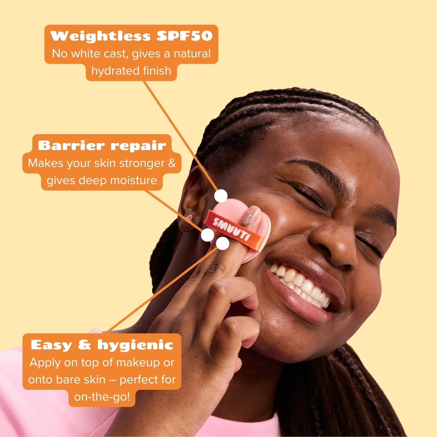 Woman applying smuuti skin peach sun cushion with text highlighting SPF50, barrier repair, and ease of use on a beige background.