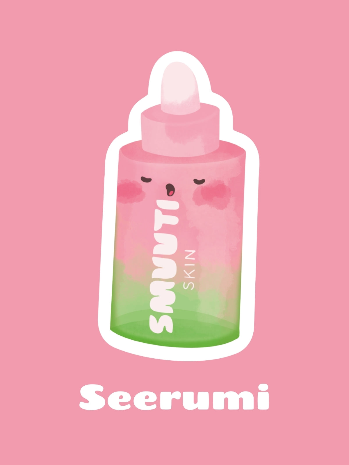 Pink serum bottle with a cartoon face on a pink background