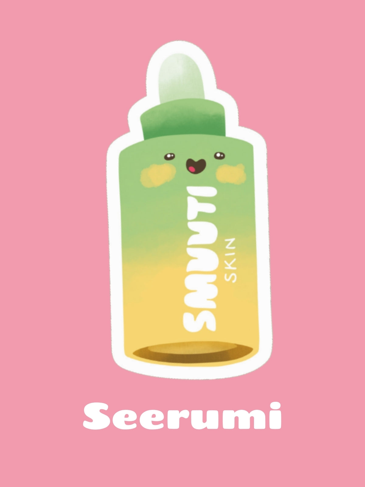 Green cartoon serum bottle with a cute face on a pink background