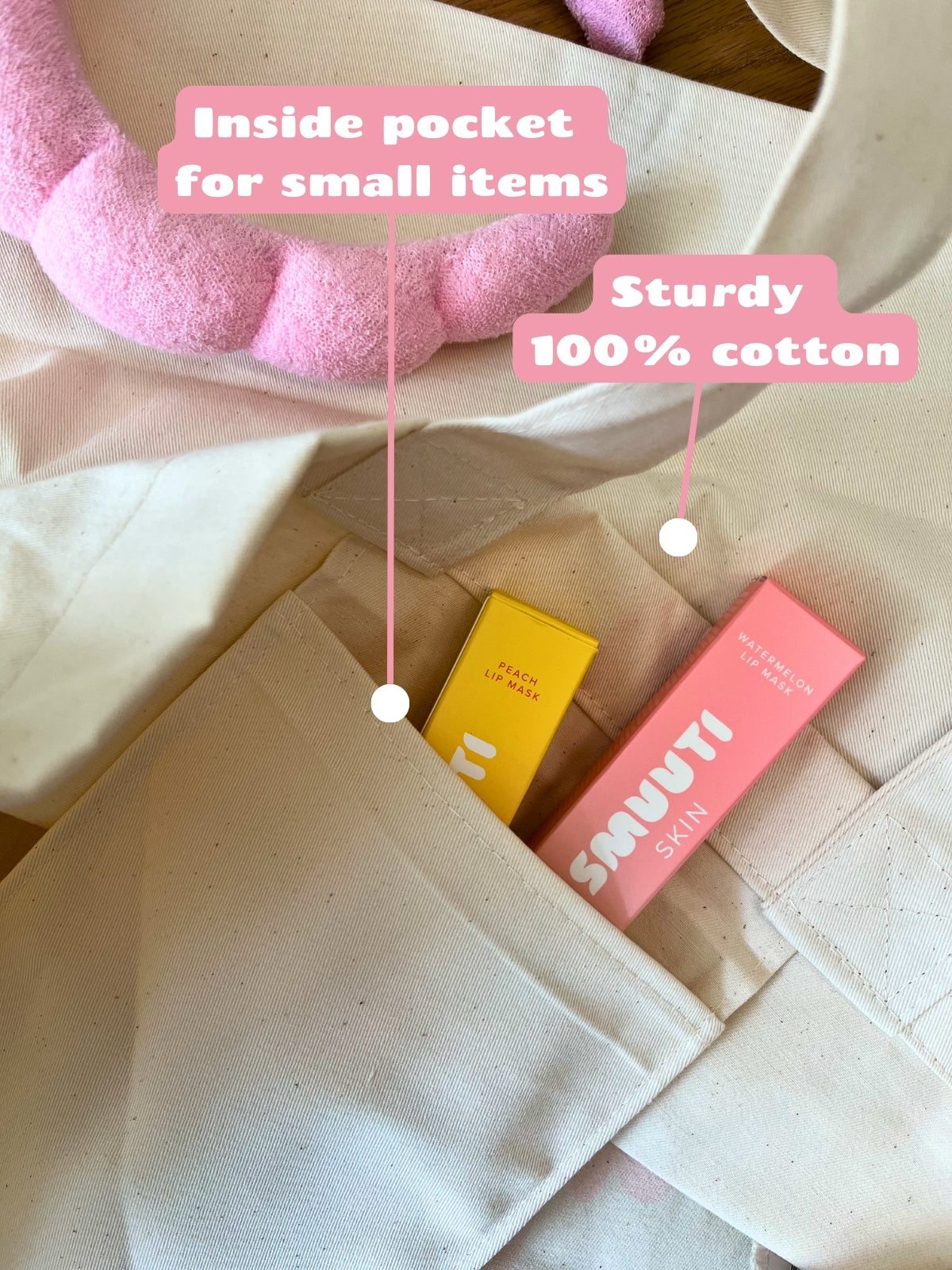 Beige tote bag. Text in photo: 'Inside pocket for small items' and 'Sturdy 100% cotton'.