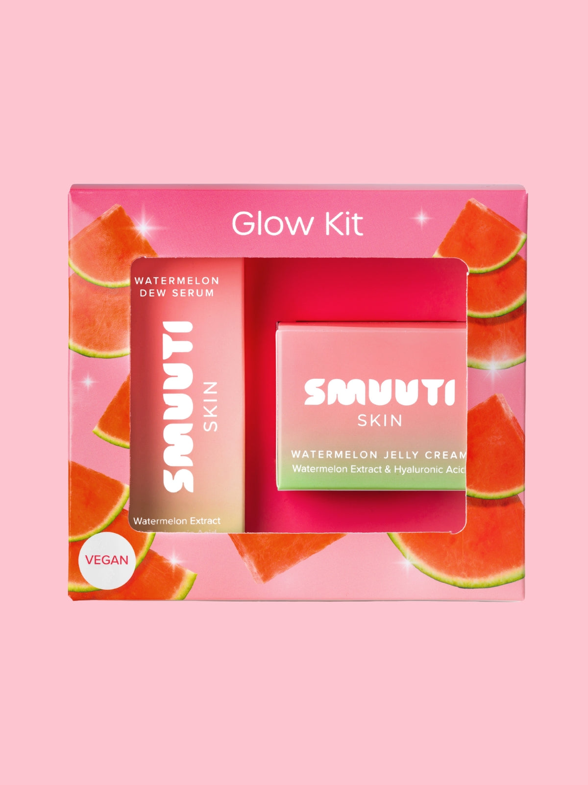 SMUUTI Skin Glow Kit with watermelon-themed packaging on a pink background
