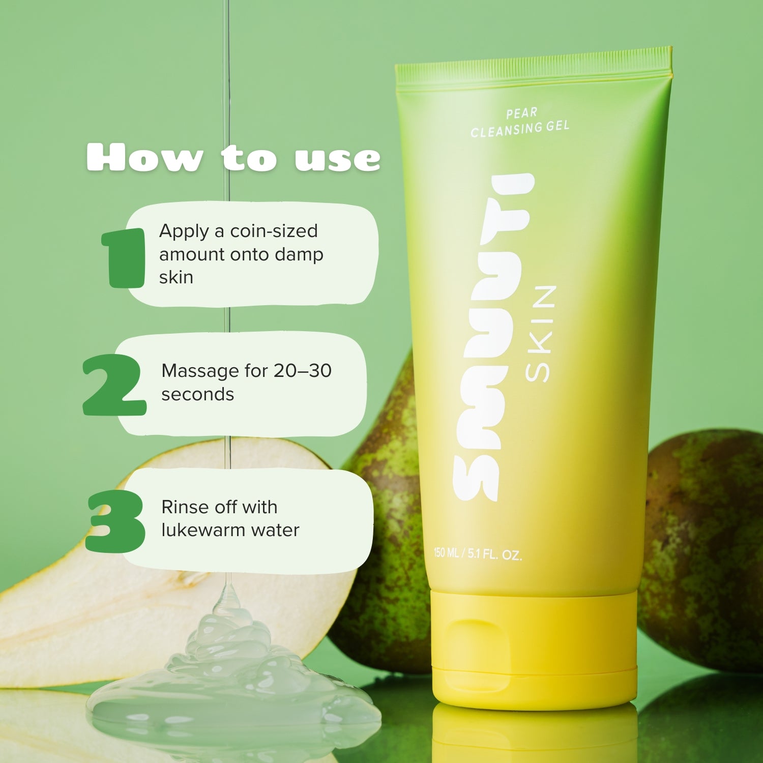 Smuuti Skin pear cleansing gel with usage instructions on a green background