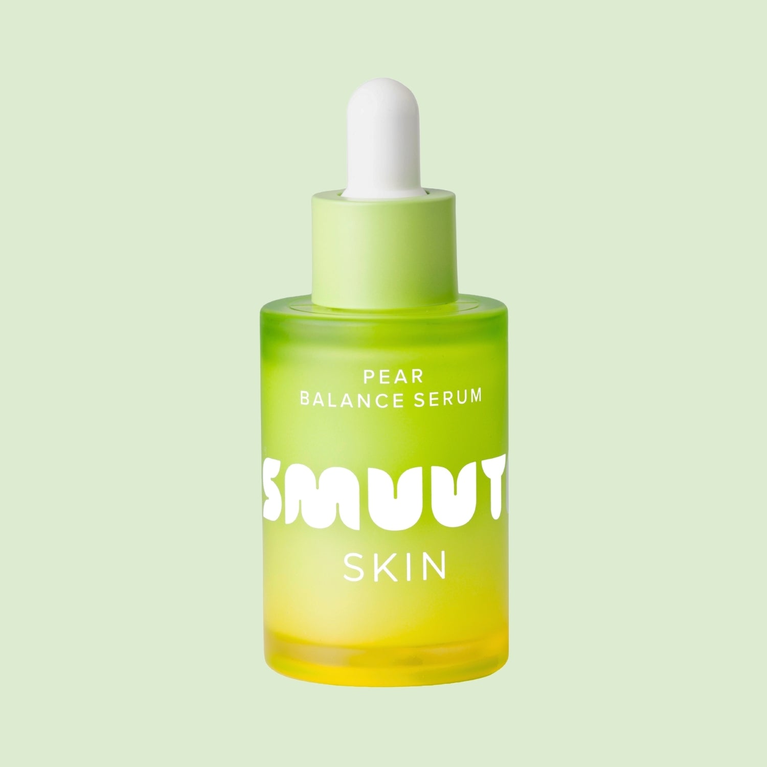 Pear balance serum bottle with dropper on a light green background