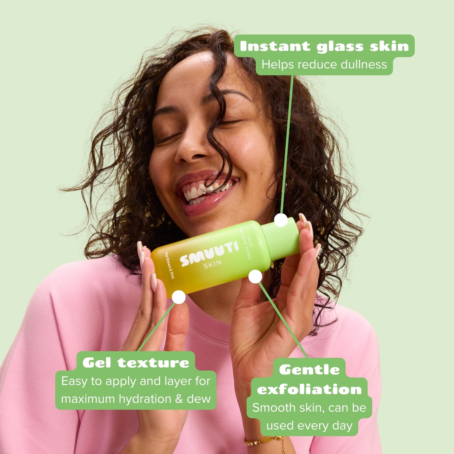 Woman holding smuuti skin pear balance toner with text highlighting features on a light green background