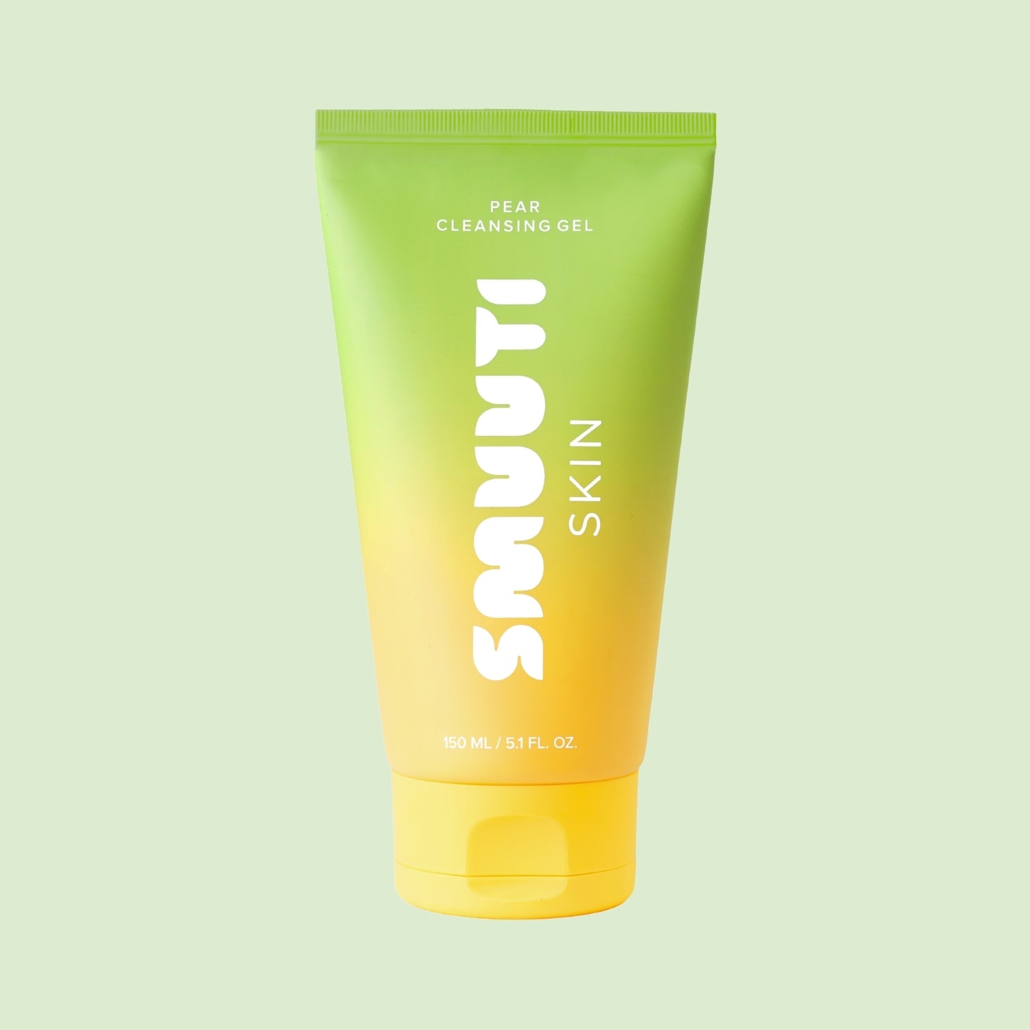 Tube of smuuti skin pear cleansing gel with gradient design on a light green background
