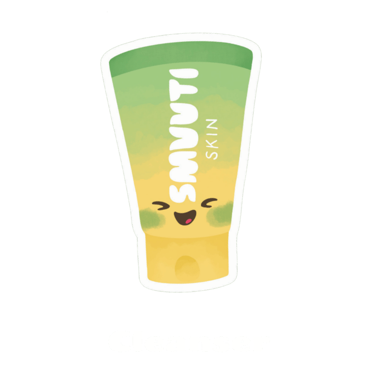 skincare step: water-based cleanser - remove dirt and impurities with a cleansing gel, cleansing foam or cleansing cream. cartoon jar of a smuuti skin cleanser