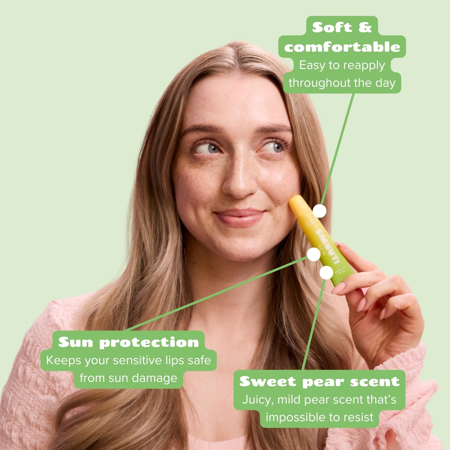 Woman holding a lip balm with text highlighting its features on a light green background
