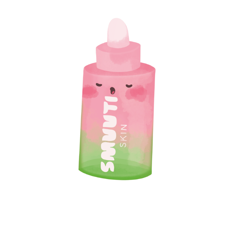 skincare step: serum - apply serum to treat specific skin concerns with a concentrated formula. cartoon bottle of a smuuti skin serum