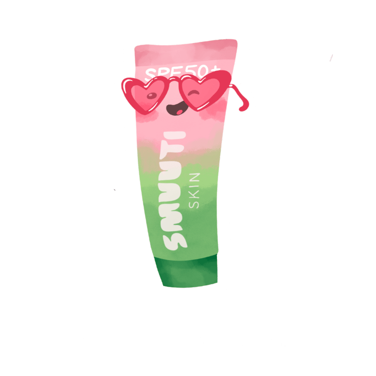 skincare step: sunscreen - moisturizes and protects the skin against UV damage caused by the sun. cartoon tube of a smuuti skin sunscreen