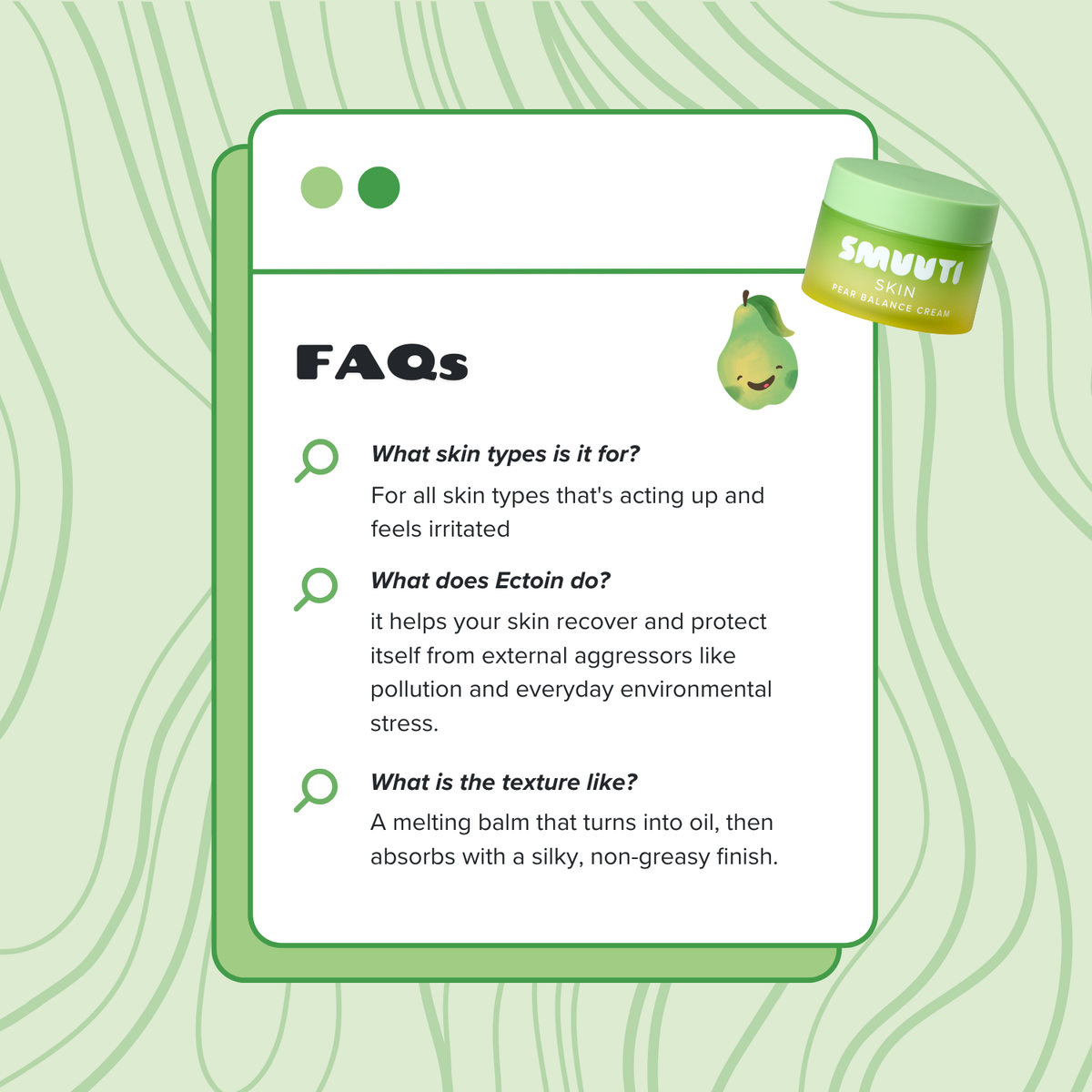 A green and white FAQ card for Smuuti Ectoin Moisturizing Cream, featuring product details and benefits on a light green patterned background.
