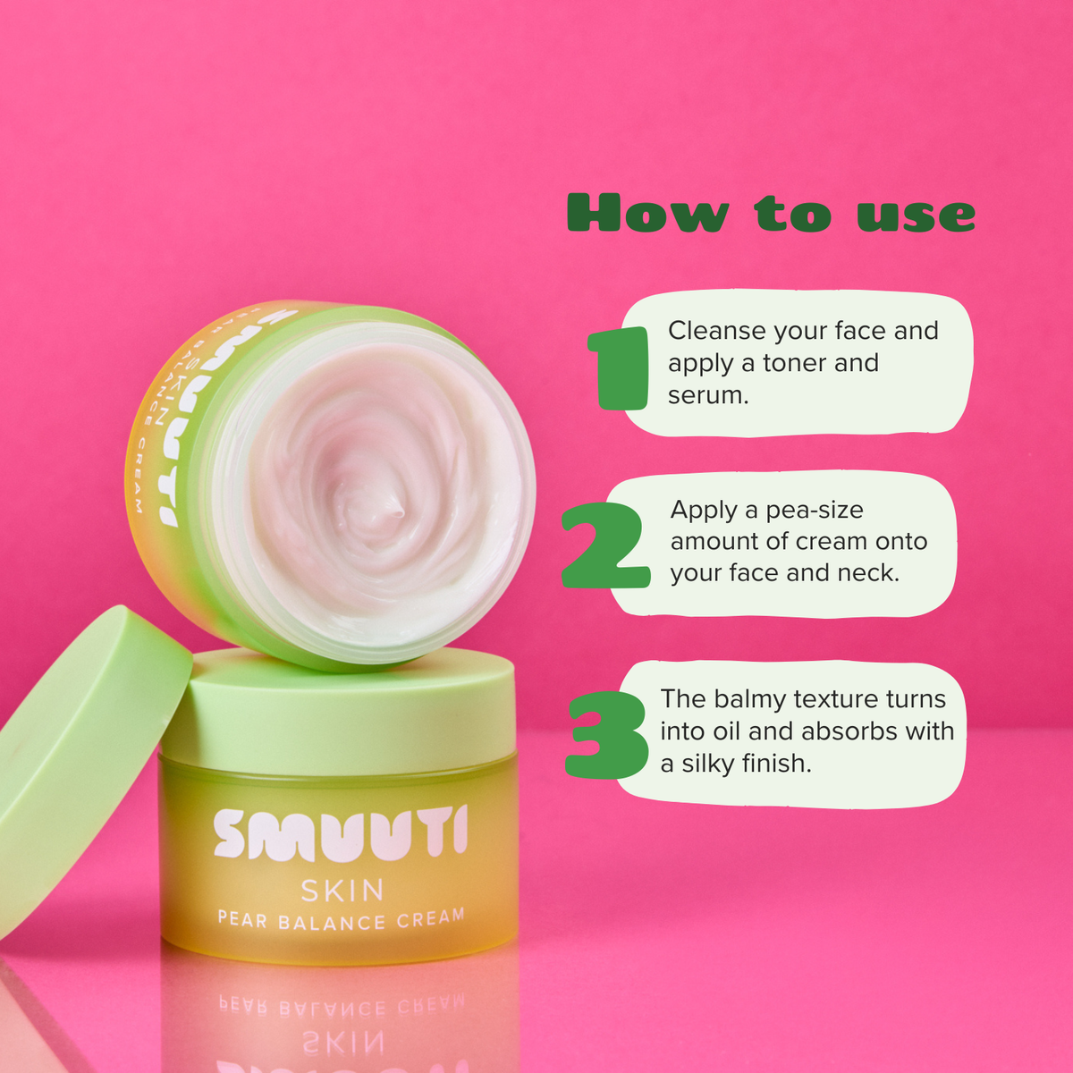 SMUUTI Skin Pear Balance Cream shown in a green jar with the lid off, revealing the cream inside. The jar is stacked on another green jar against a bright pink background, with a 'How to use' instructional graphic overlay on the right.