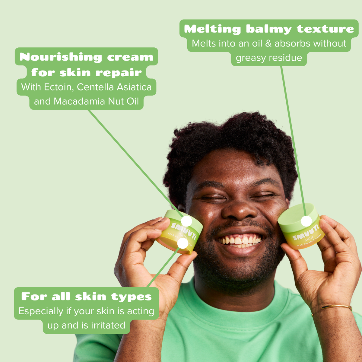 A smiling man holds two small green and gold skincare jars near his cheeks on a pale green background, with text callouts describing the cream as nourishing for skin repair, melting balmy texture, and suitable for all skin types.