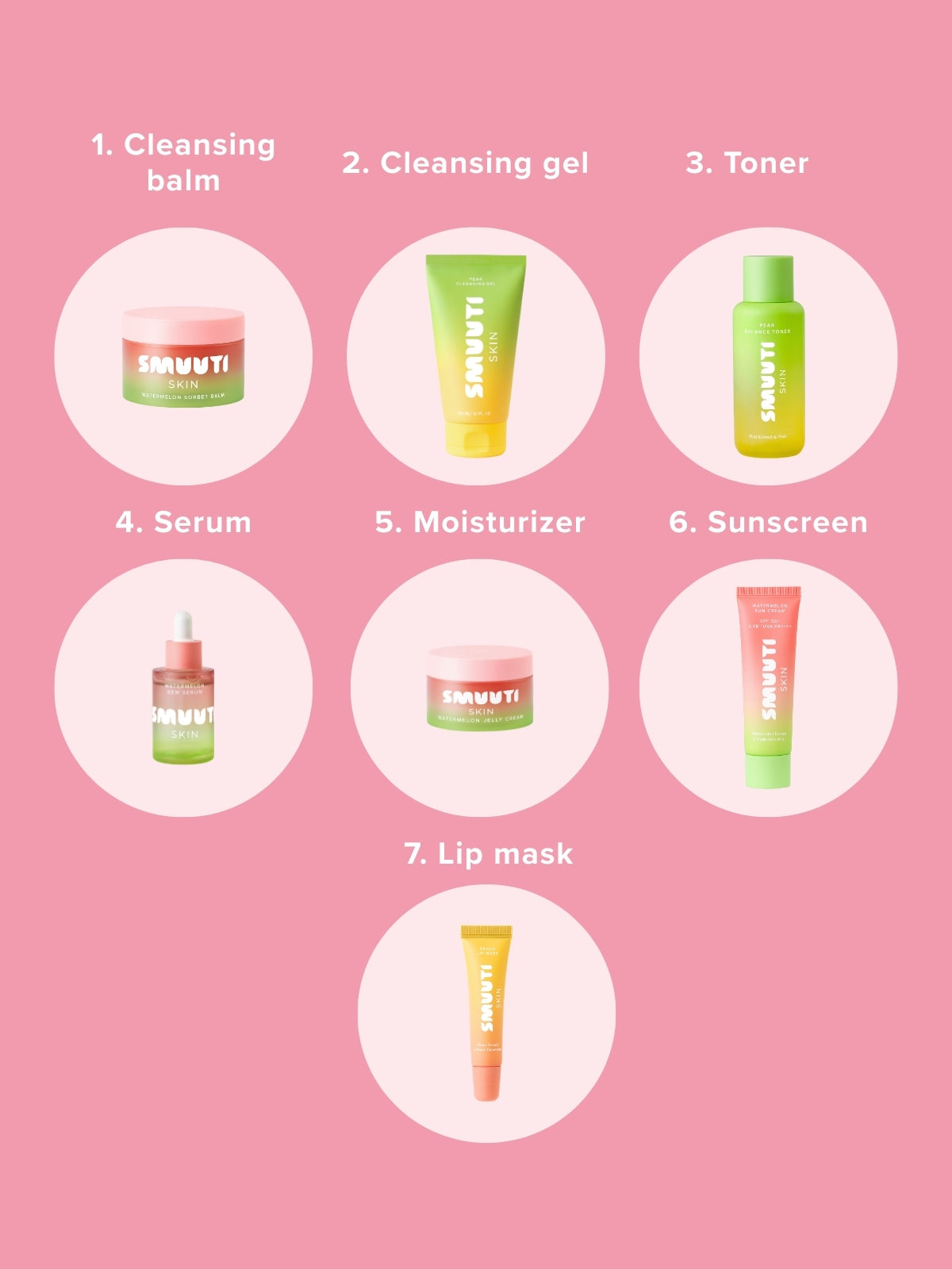 Smuuti Skin skincare products with labels on a pink background