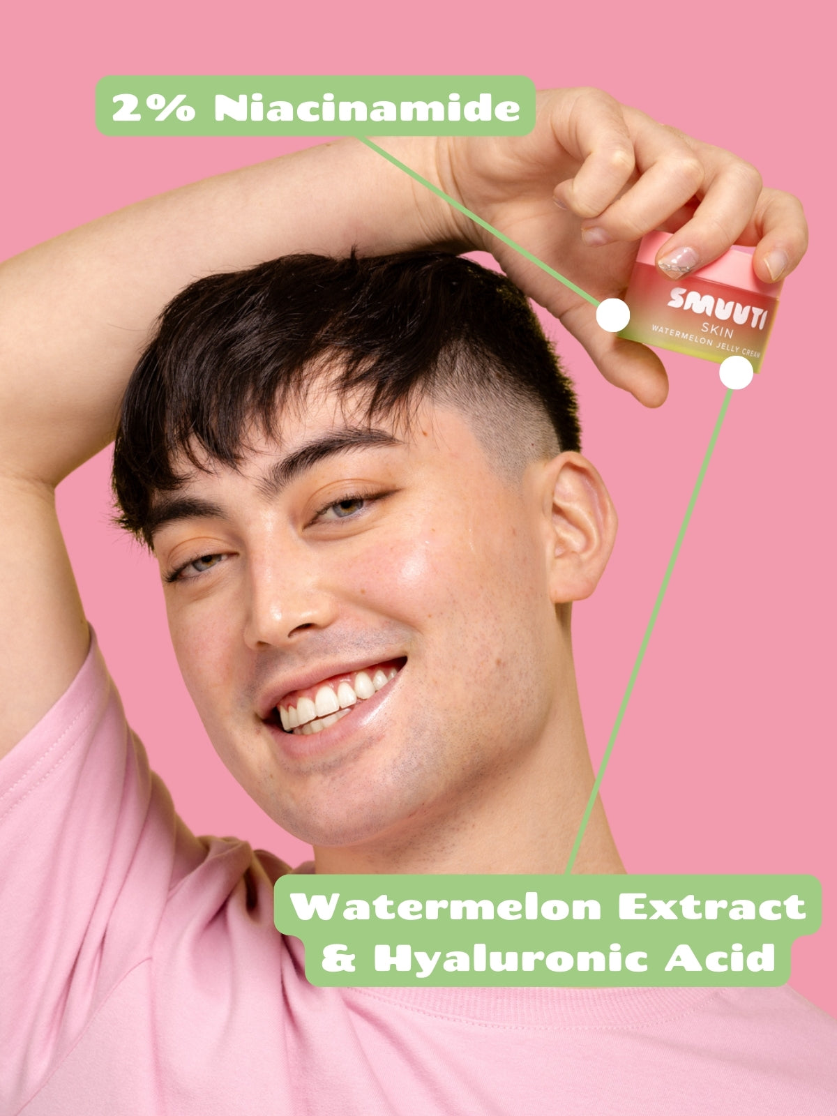 Person with Smuuti Skin watermelon jelly cream, labeled '2% Niacinamide, Watermelon Extract & Hyaluronic Acid' on a pink background