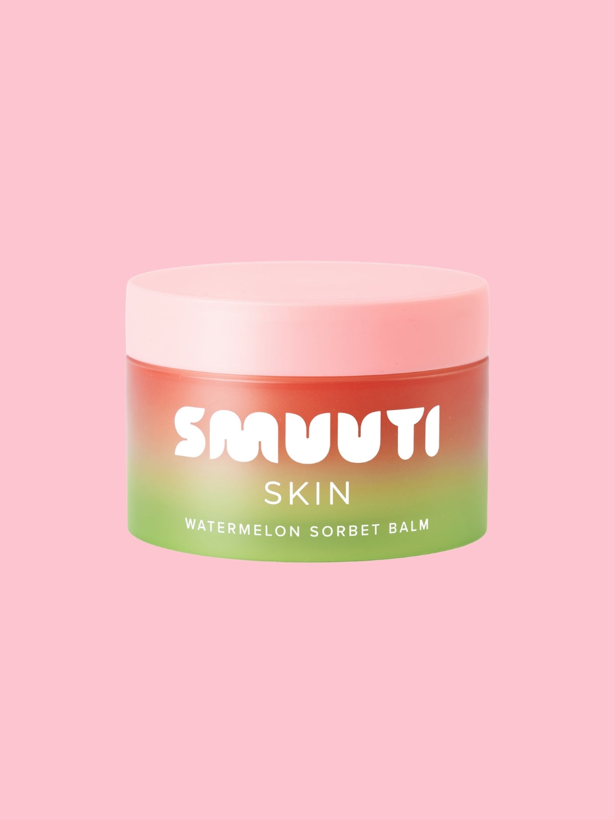 Jar of SMUUTI Skin Watermelon Sorbet Balm on a pink background