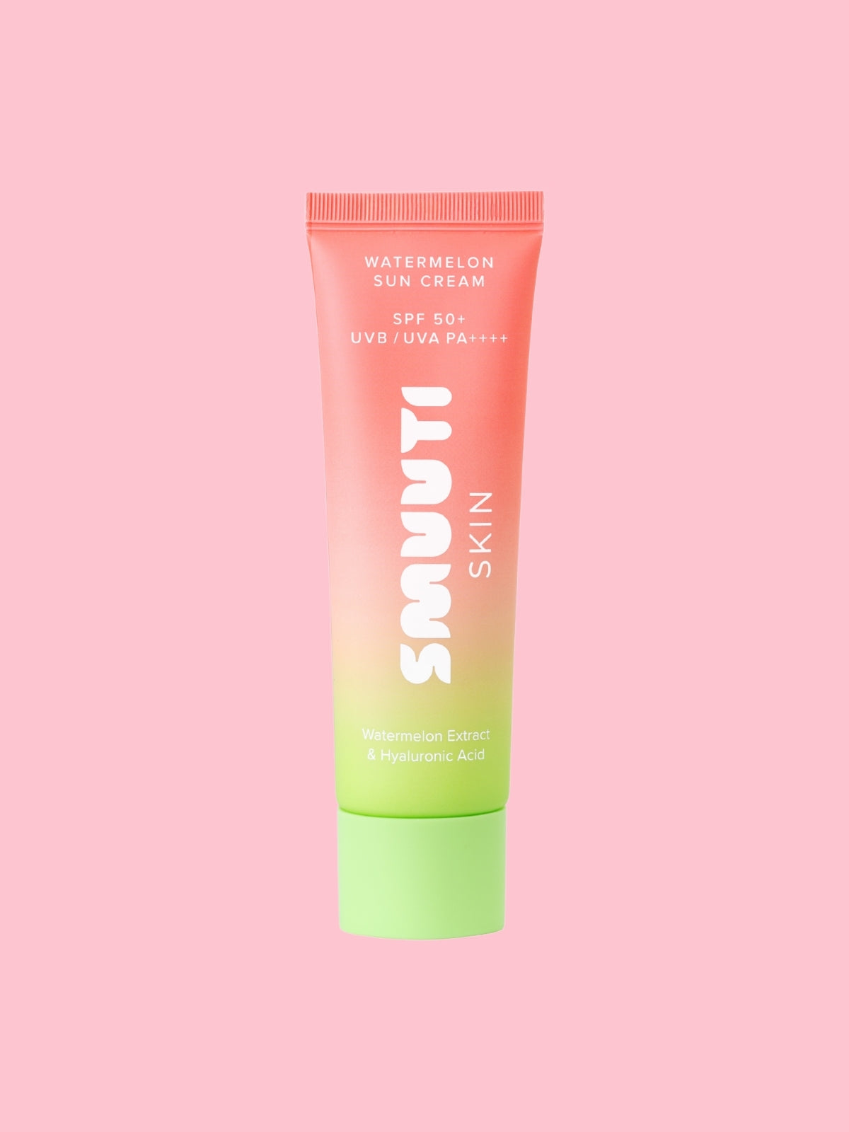 Tube of Smuuti Skin watermelon sun cream on a pink background