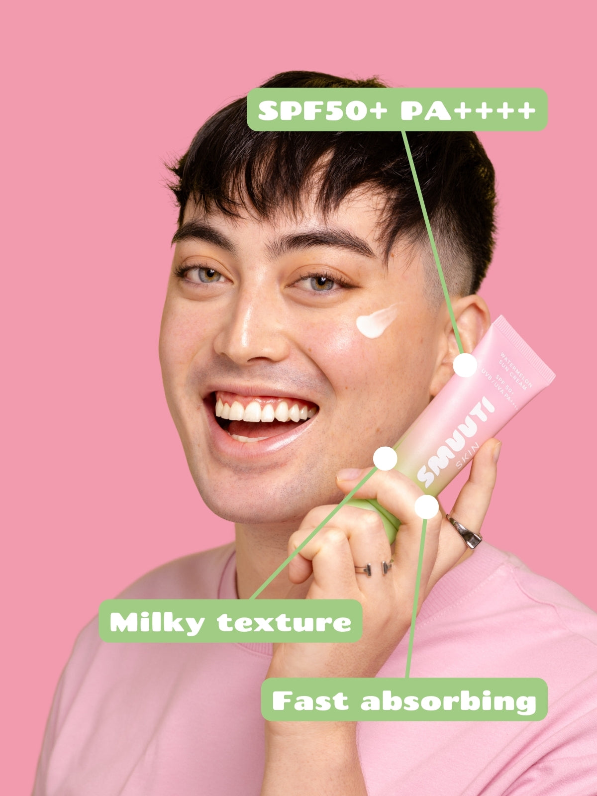 Person holding a tube of watermelon sun cream with SPF50+ PA++++ text on a pink background