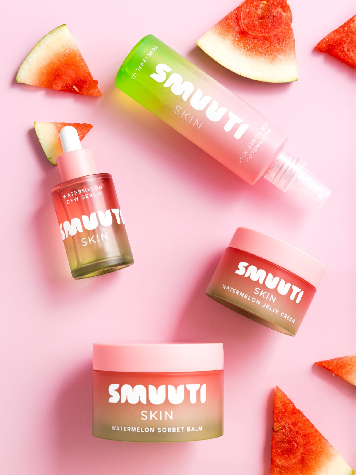SMUUTI SKIN watermelon dew skincare products with watermelon slices on a pink background