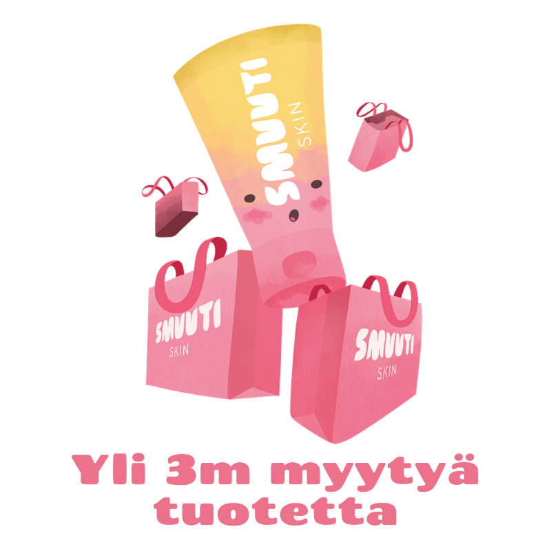 A stylized illustration of pink shopping bags and a large pink-and-yellow cosmetic tube with the text 'SMUUTI SKIN' on a white background, with additional pink text below reading 'Yli 3m myytyä tuotetta'.
