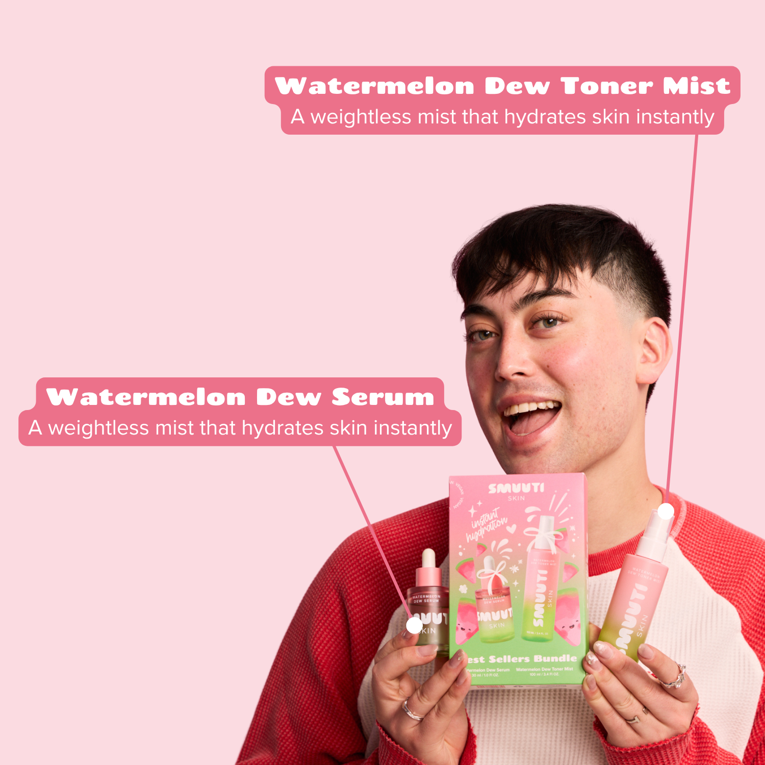 A smiling man in a red and white sweater holds watermelon dew toner mist and watermelon dew serum