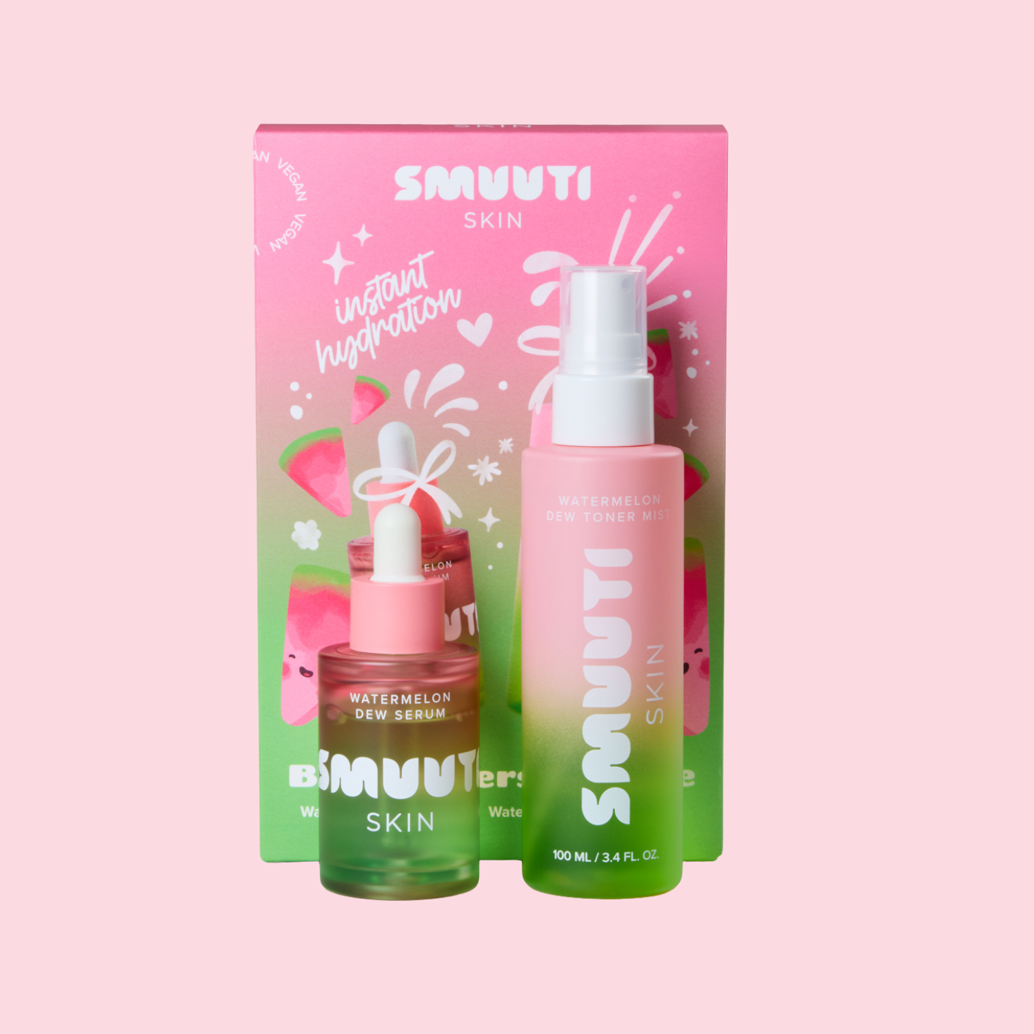 SMUUTI SKIN  best sellers bundle featuring a pink and green gradient Watermelon Dew Serum bottle and a matching Watermelon Dew Toner Spray bottle, displayed in front of their pink and green illustrated packaging box on a solid pink background.