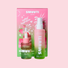 SMUUTI SKIN  best sellers bundle featuring a pink and green gradient Watermelon Dew Serum bottle and a matching Watermelon Dew Toner Spray bottle, displayed in front of their pink and green illustrated packaging box on a solid pink background.