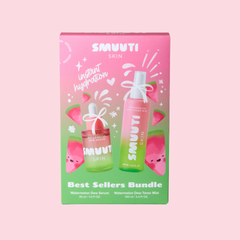 Smuuti Skin Best Sellers Bundle box featuring pink and green watermelon-themed packaging with illustrations of watermelon slices and two bottles, set against a solid pink background.
