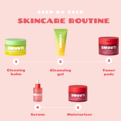 A pink step-by-step skincare routine infographic showing five SMUUTI SKIN products arranged in sequence: cleansing balm, cleansing gel, toner pads, serum, and moisturizer, with numbered labels and arrows.
