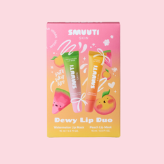 SMUUTI SKIN Dewy Lip Duo set featuring watermelon and peach lip masks, shown on a solid pastel pink background.