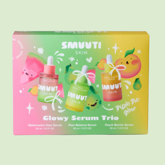 SMUUTI SKIN Glowy Serum Trio set featuring watermelon dew serum, pear balance serum, and peach barrier serum in a pastel pink, green, and yellow gradient packaging.