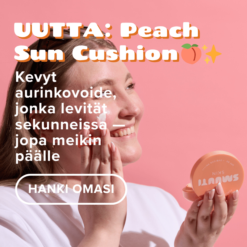 Woman holding a peach-colored sun cushion with text about its light sunscreen properties on a pink background.