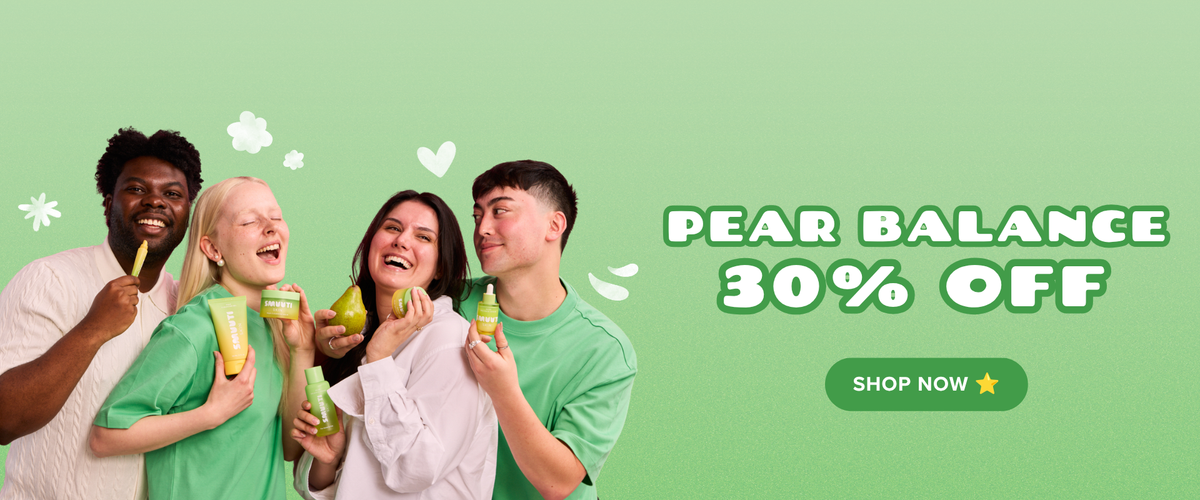 A promotional banner with four smiling young adults holding pear-shaped products against a light green background, with text reading 'PEAR BALANCE 30% OFF' and a 'SHOP NOW' button.